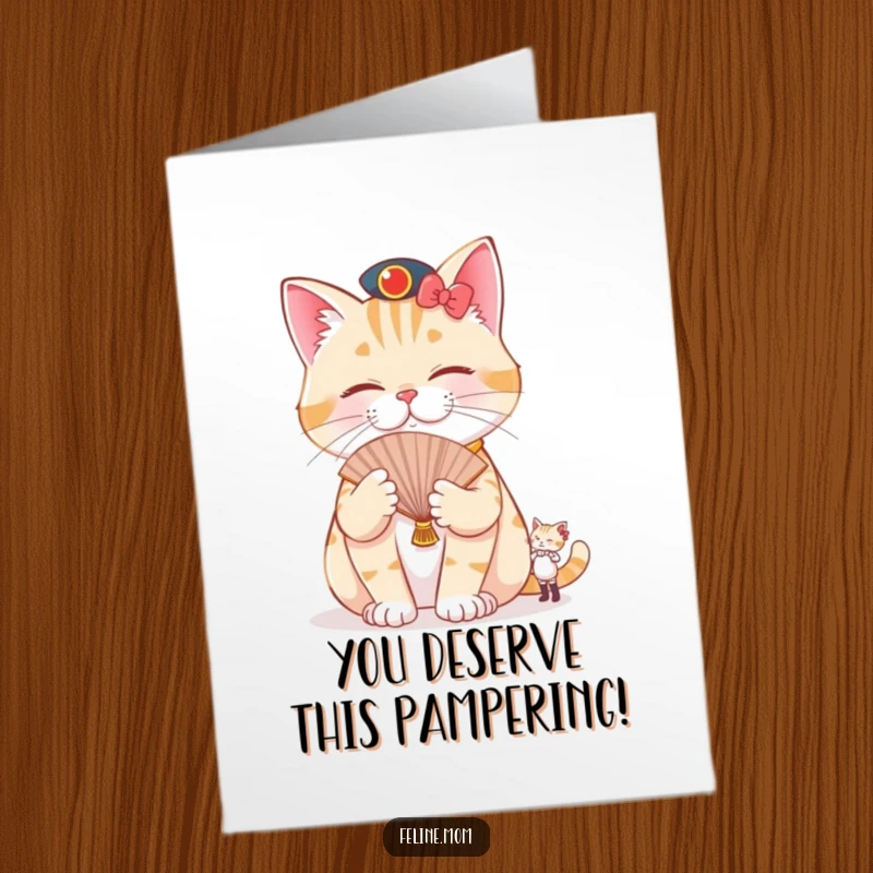 Funny Free Printable Pampered Cat Congratulations Card of a cat receiving royal fanning, celebrating a top-tier success.