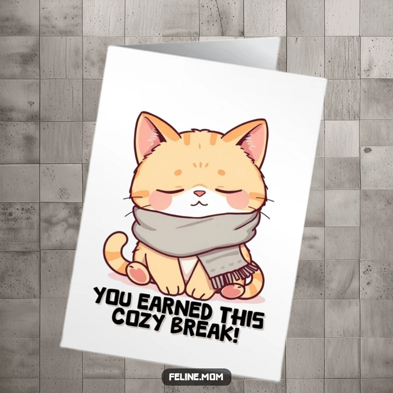 Funny Free Printable Congratulations Card: Content cat in a scarf napping, a humorous way to celebrate achievements.