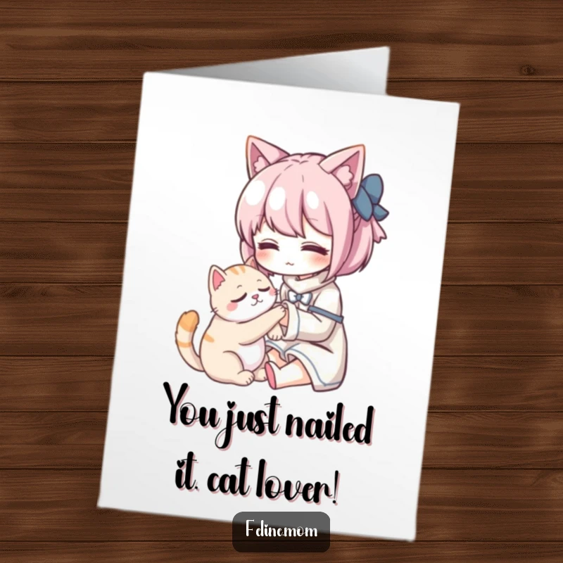 Funny Free Printable Congratulations Card: Kawaii cat lady petting a purring cat, celebrating your achievements.