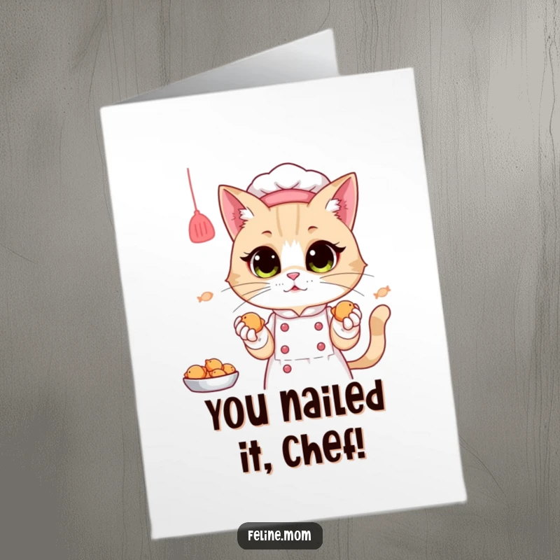 Funny free printable congratulations card: Cat lady chef in hat offers tiny fish treats as a celebration reward.