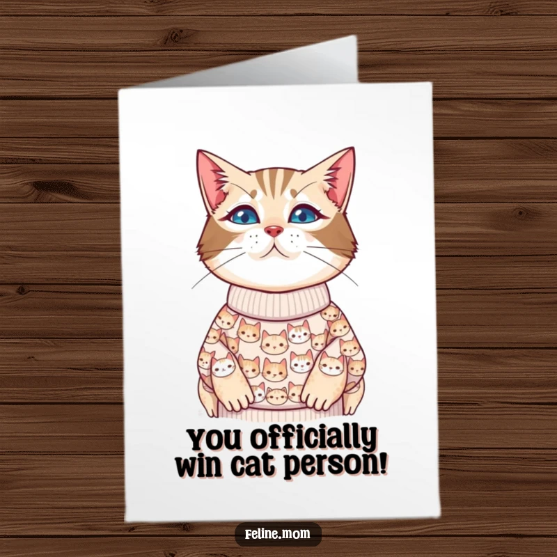Funny Free Printable Congratulations Card showcasing a devoted cat lady wearing a sweater covered in adorable tiny cat faces, perfect for cat lovers.