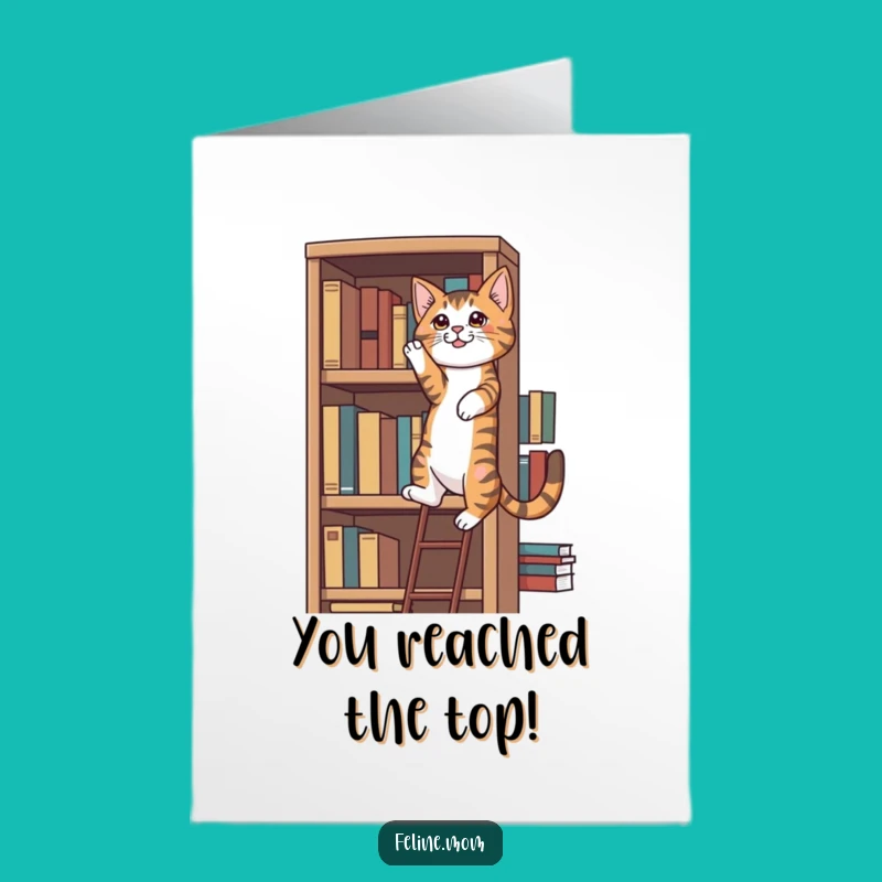 Free Printable Congrats Card: Tabby Cat Bookshelf Climb Downloadable Gift