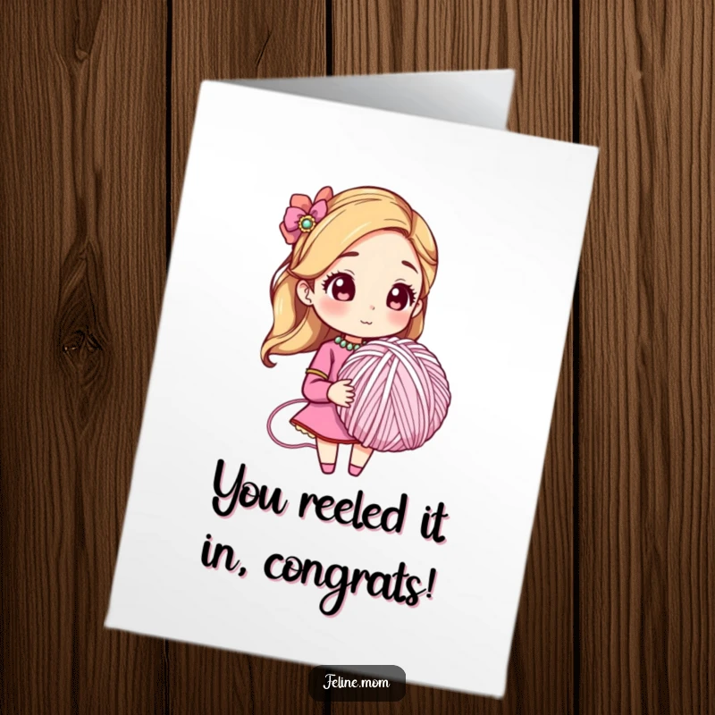 Funny free printable congratulations card: elegant woman with jeweled collar and huge yarn ball, celebrating success with feline flair.