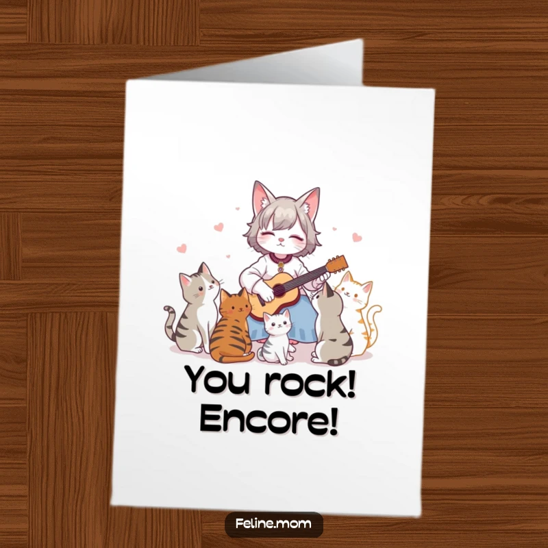 Funny free printable congratulations card: Cat lady plays guitar for her adoring feline audience after their big win.