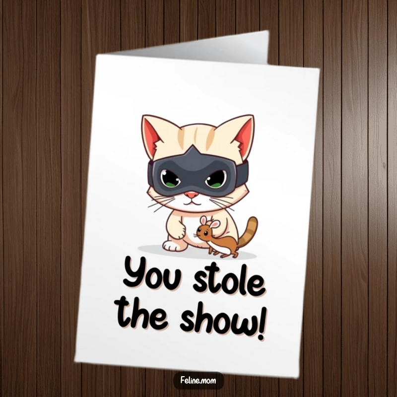 Funny Free Printable Congratulations Card: A masked cat bandit tiptoeing with a toy mouse, celebrating an achievement.