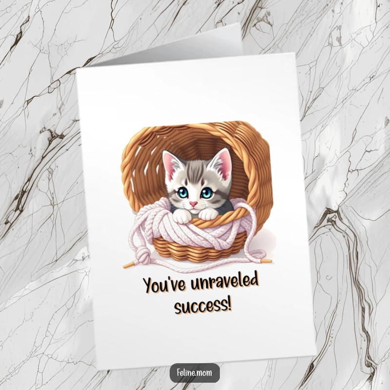 Funny Free Printable Congratulations Card showing a curious kitten peeking from a knitting basket, perfect for a cute print-at-home message of success.