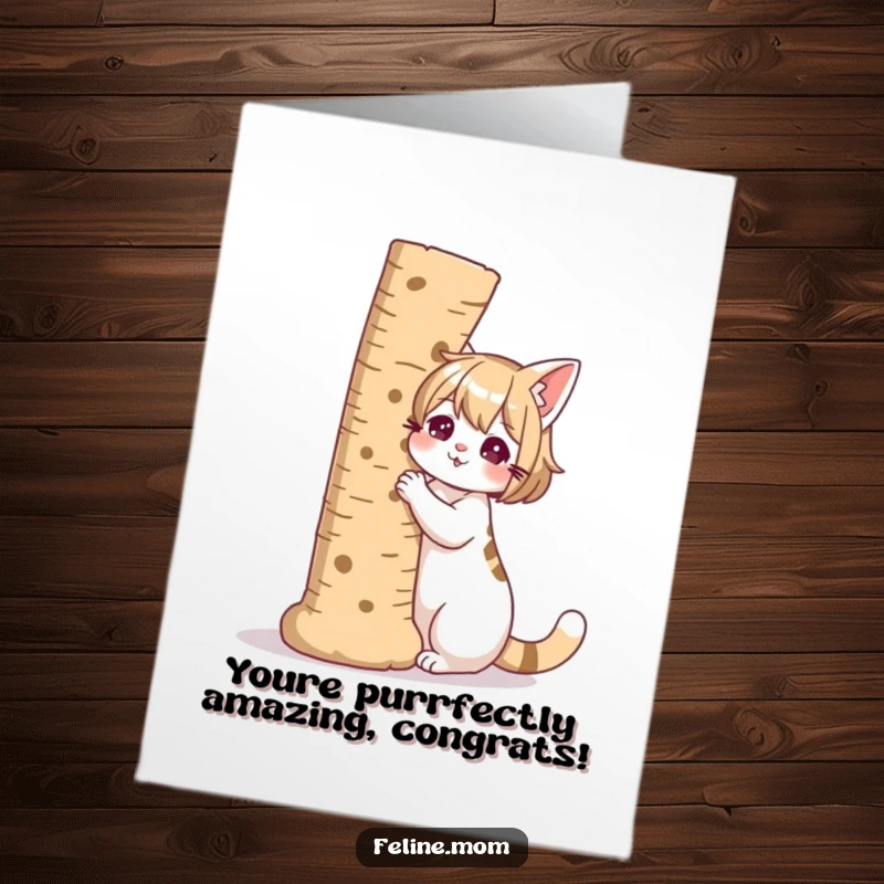 Funny Free Printable Congratulations Card: A proud cat lady standing beside a giant scratching post, her favored companion.