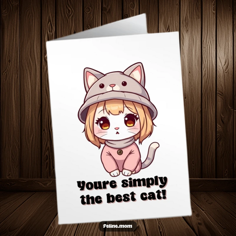 Funny Free Printable Congratulations Card: A cheerful cat lady with cat ears on her hat, celebrating a major accomplishment.