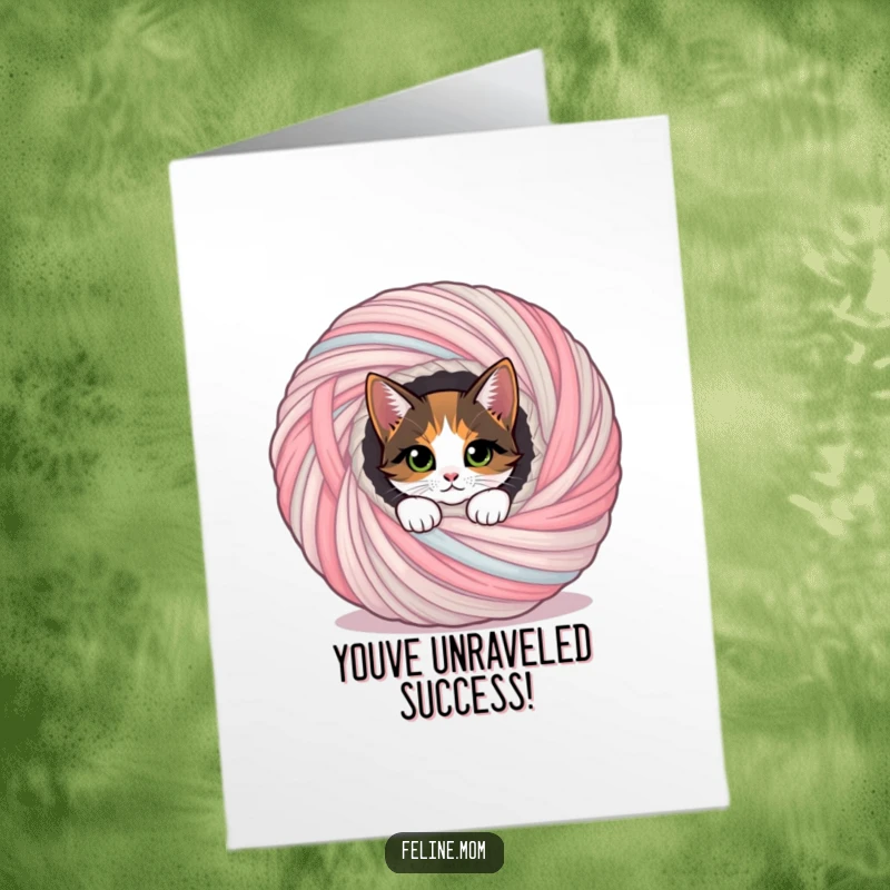 Funny Free Printable Congratulations Card: Curious calico cat peeking out of a giant yarn ball.