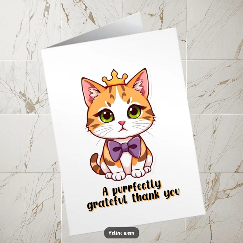 Funny Free Printable Thank You Card: A dapper calico cat in a bowtie, offering a stylish expression of thanks.