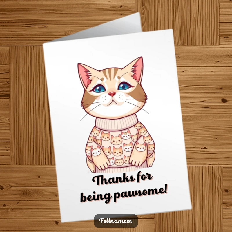 Funny Free Printable Thank You Card featuring a cat lady in a cat-face sweater, ideal for expressing thanks to any devoted feline admirer.