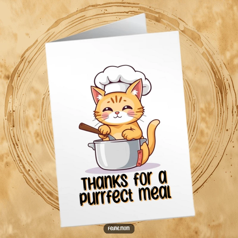 Funny Free Printable Thank You Card: A ginger cat chef, stirring a pot with a warm smile of thanks.