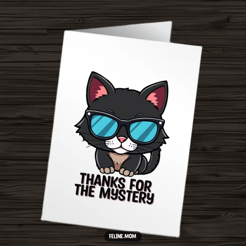 Funny Free Printable Thank You Card: A mysterious black cat sporting sunglasses, conveying thanks with cool detachment.