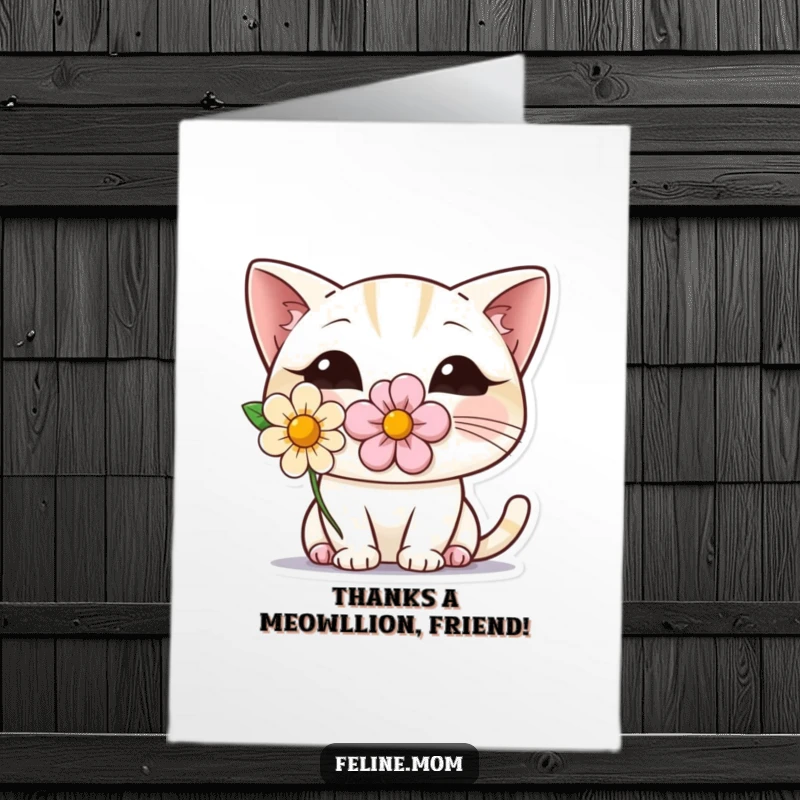 Funny Free Printable Thank You Card: Shy cat with flower peeking, a sweet yet humorous way to say thanks.