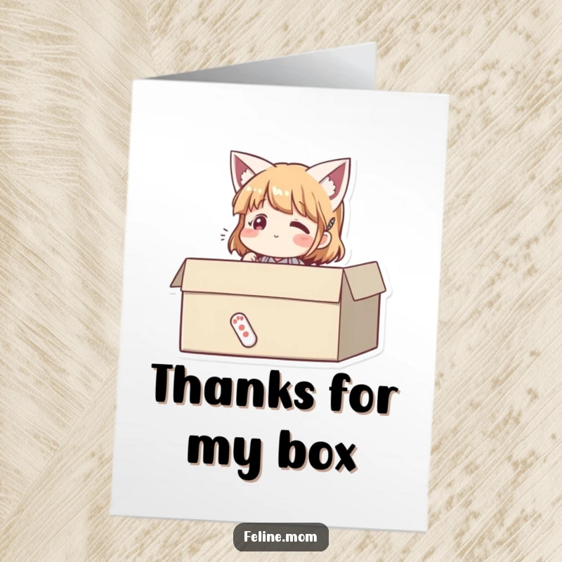 Funny free printable thank you card: woman sitting contentedly in a box, offering a purrfectly happy thank you.