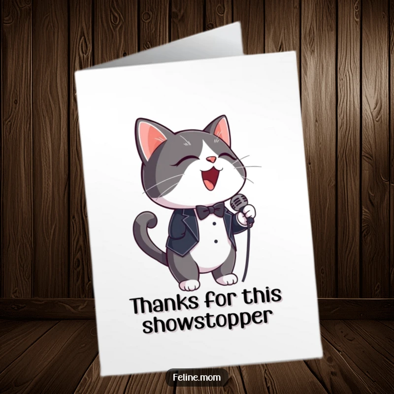 Funny Free Printable Thank You Card: A tuxedo cat sings into a tiny microphone, offering thanks with a performance.