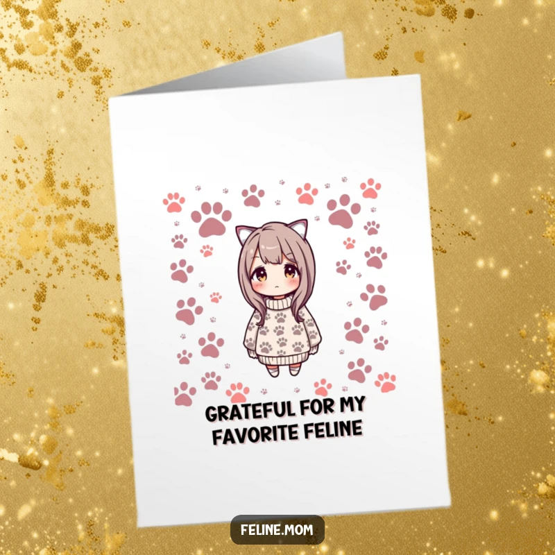 Funny free printable thank you card with a woman in a cute cat paw print sweater, offering warm gratitude.