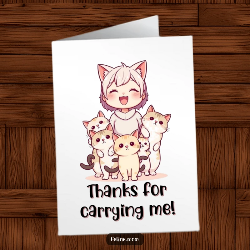 Funny Free Printable Thank You Card: A delighted cat lady is being carried by multiple cats, conveying her sincere thanks.