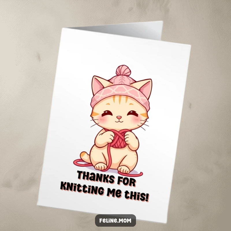 Funny Free Printable Thank You Card: Cute cat character wearing a tiny yarn hat and knitting a thank you.