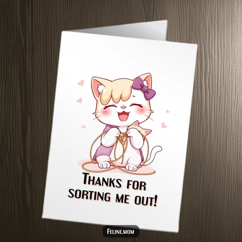 Funny Free Printable Thank You Card: A cat lady happily untangling a cat from a knot of string, showing thanks.