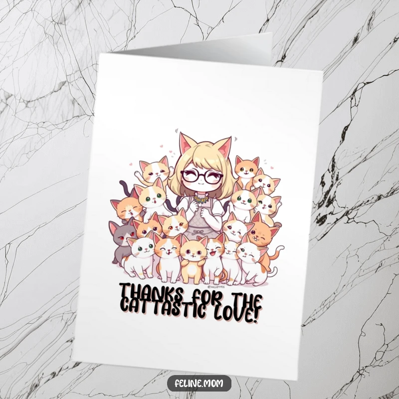 Funny Free Printable Thank You Card: A loving cat lady is surrounded by a playful mob of cute kittens, expressing thanks.