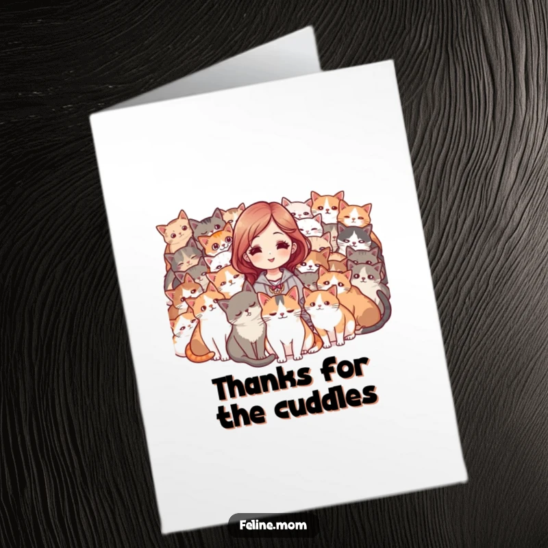 Funny free printable thank you card: woman enveloped by a purring mob of cats, offering heartfelt thanks.
