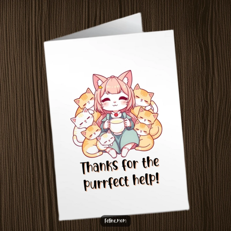 Funny Free Printable Thank You Card featuring a cat lady surrounded by sleeping cats, holding milk – a purrfect thank you for cat lovers.