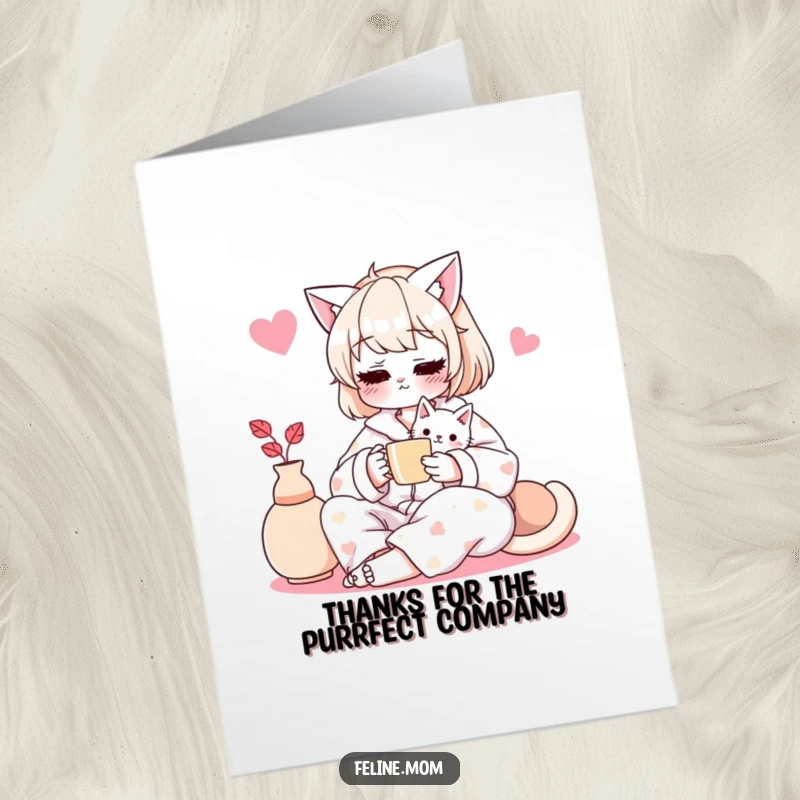 Funny Free Printable Thank You Card: Cat lady and cat enjoy tea, expressing gratitude with a cozy, humorous vibe.