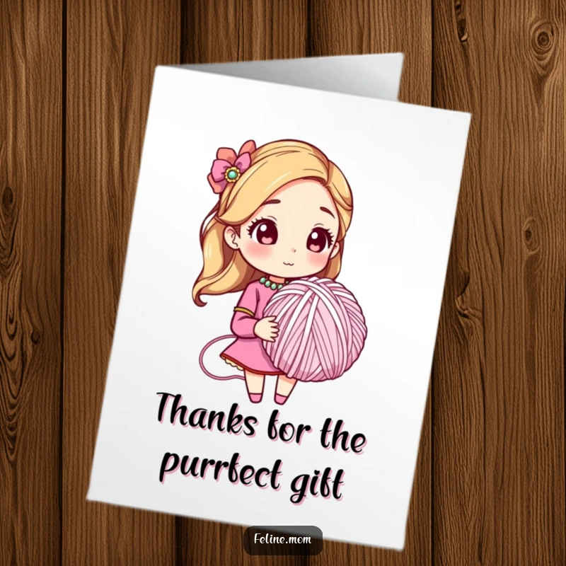 Funny free printable thank you card: stylish woman in jeweled collar with a giant yarn ball, expressing feline gratitude.