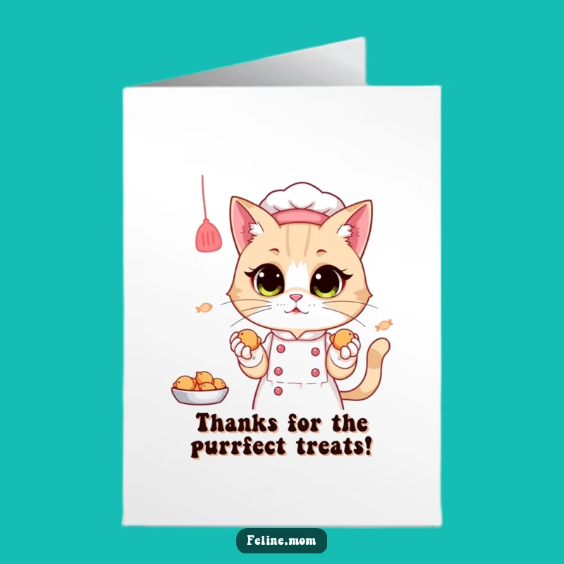 Free Printable Thank You Card: Funny Cat Lady Chef Baking Fish Treats Downloadable Gift