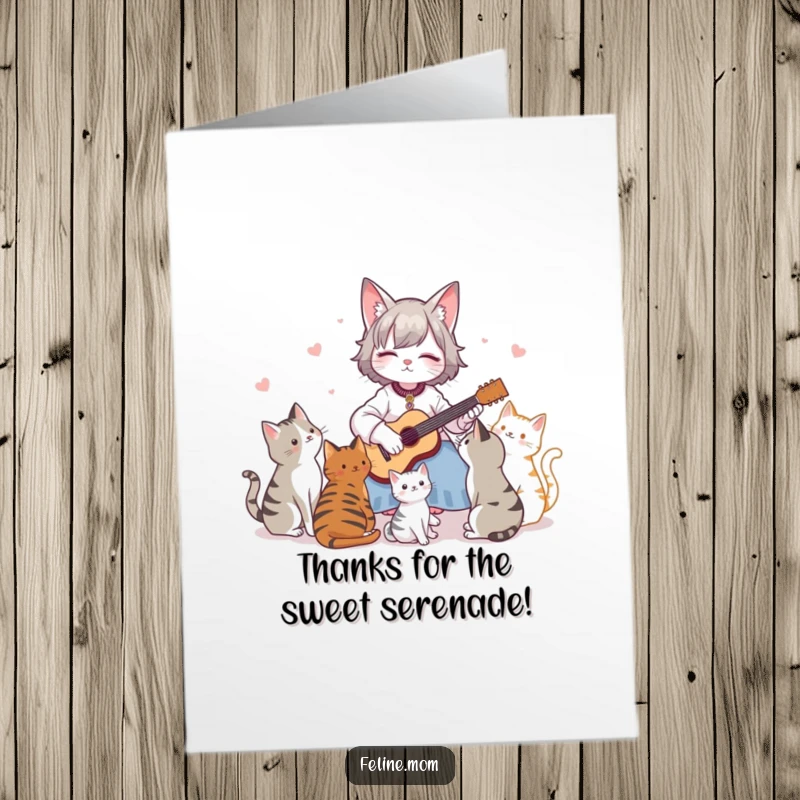 Funny free printable thank you card: Cat lady serenades her cats with a tiny guitar, thanking them for their companionship.