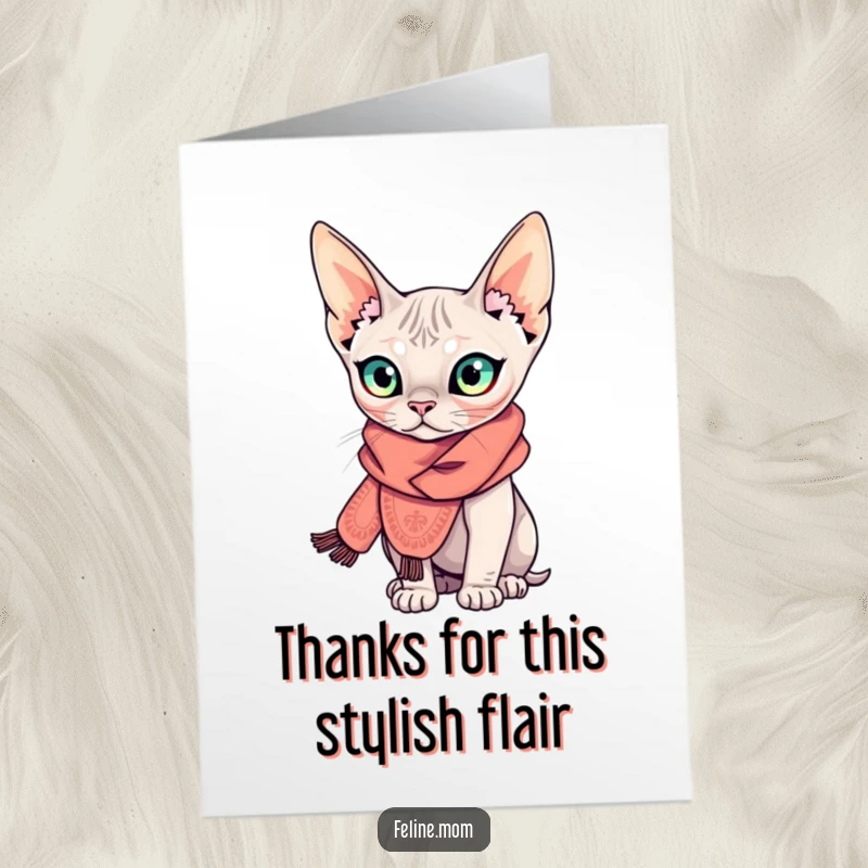 Funny Free Printable Sphynx Cat Thank You Card of a curious Sphynx cat adorned with an elaborate scarf, offering chic gratitude.