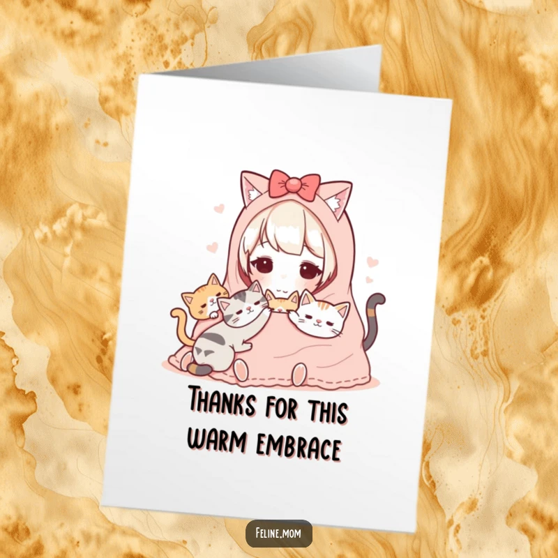 Funny free printable thank you card featuring a Kawaii cat lady and her cats snuggled under a warm blanket, expressing thanks.