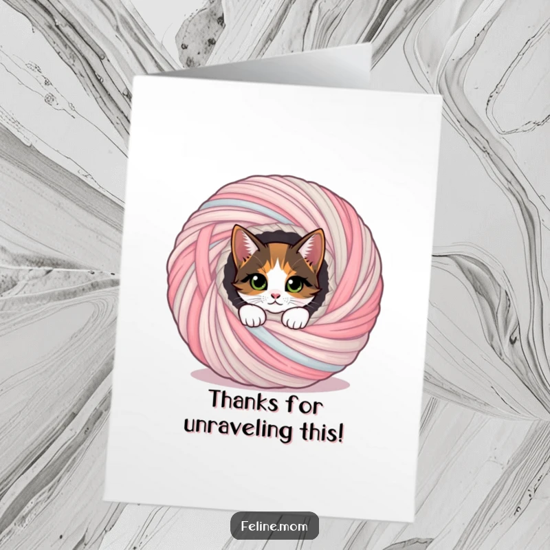 Funny Free Printable Thank You Card: Curious calico cat peeking out of a giant yarn ball.