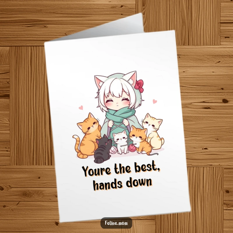 Funny Free Printable Thank You Card: Kawaii cat lady wrapped in yarn with cats playing, thankful chaos.