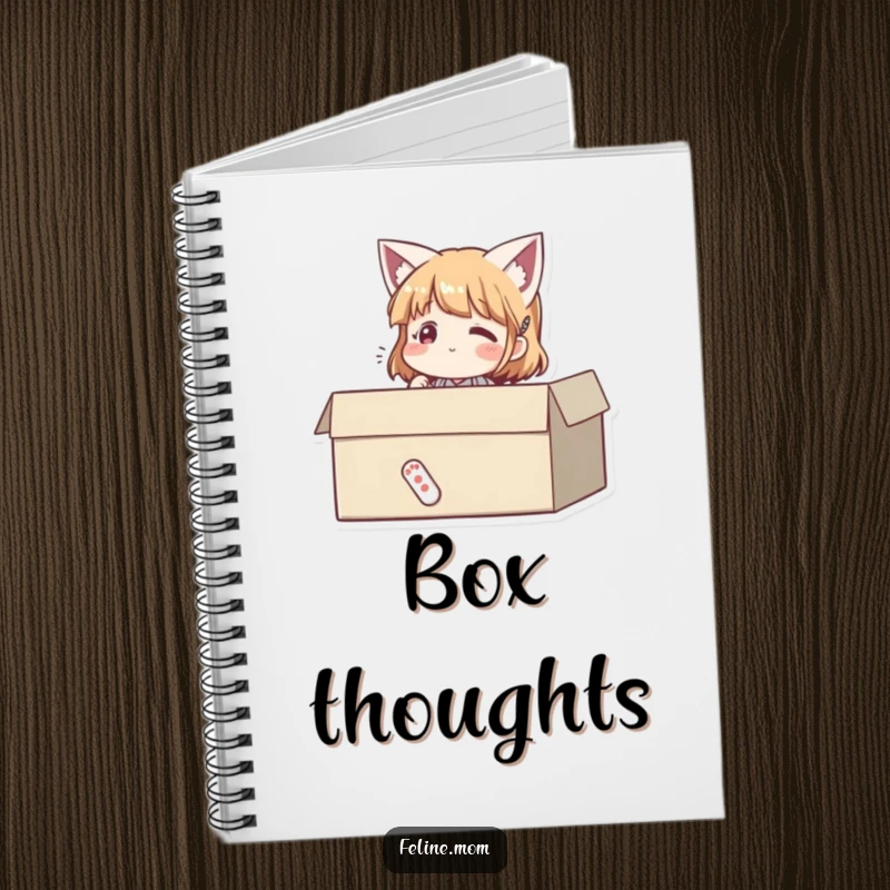 Funny notebook cover with a woman sitting contentedly in a cardboard box, looking happy. A humorous stationery item.