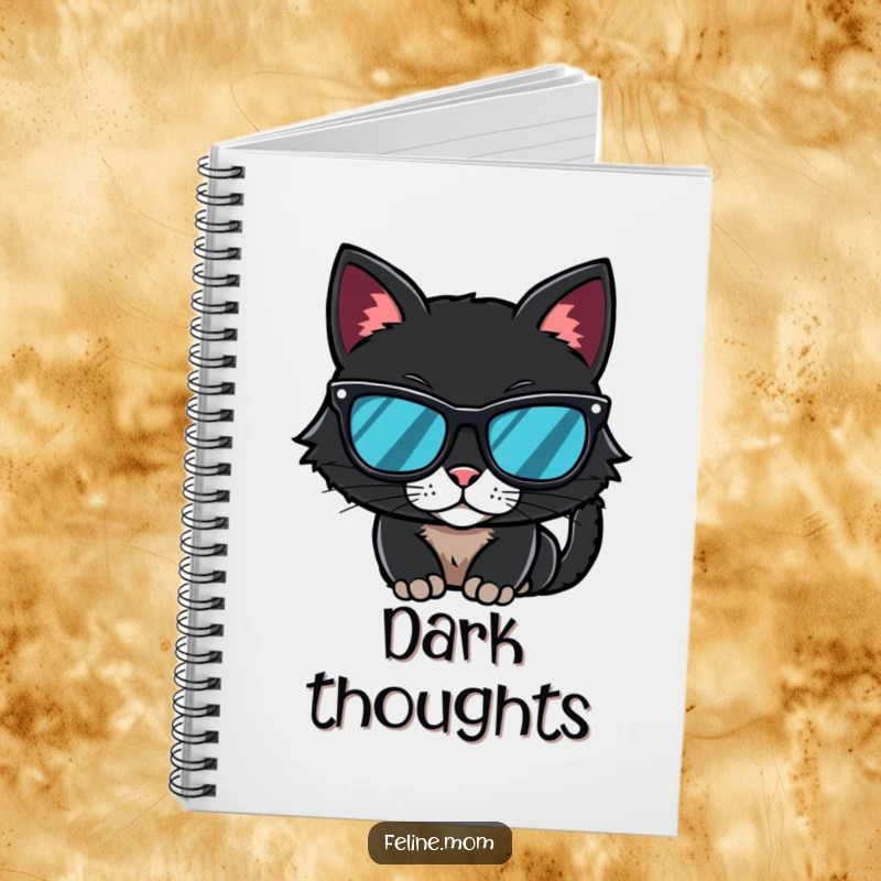 Funny Notebook featuring a black cat wearing sunglasses, perfect for jotting down mysterious thoughts and secrets.