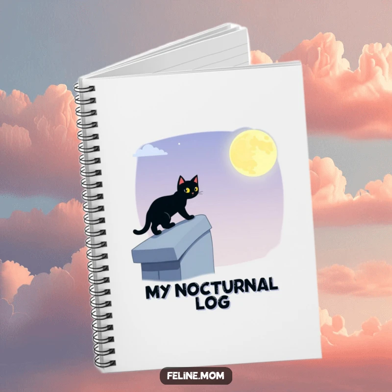 Funny black cat notebook featuring a stealthy feline prowling a moonlit rooftop, ideal for jotting down mysterious thoughts with hilarious flair.