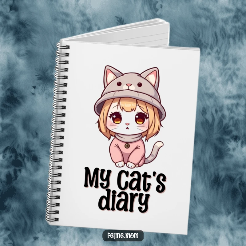 Funny cat lady illustration wearing a hat with cat ears, on the cover of a lined notebook.