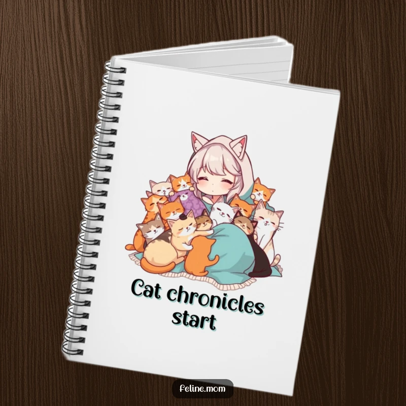 Funny Cat Lady notebook with a woman in a blanket being cuddled by many cats. Humorous and practical journal for cat lovers.