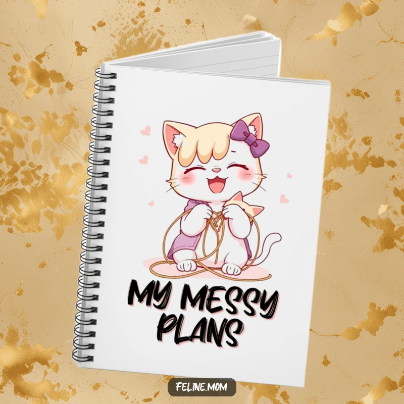 Funny cat lady joyfully untangling a cat from string on a notebook cover for pet thoughts.