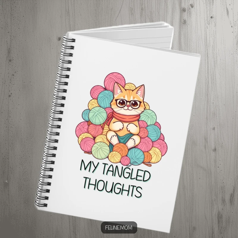 Funny cat lady surrounded by a comical mountain of yarn balls on a notebook cover for ideas.