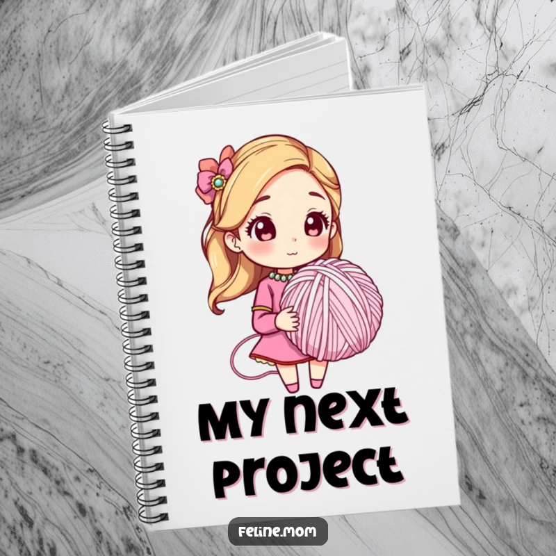 Funny notebook cover with a woman in a jeweled collar holding a large yarn ball, ready to capture thoughts. A humorous stationery item.