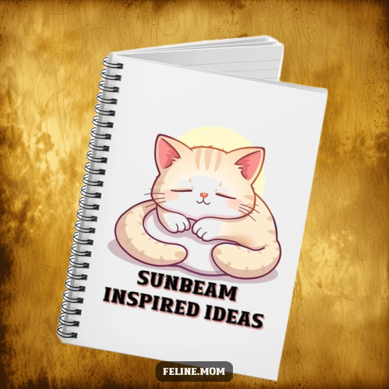Funny cat notebook cover, a contented feline napping peacefully in a sunbeam, perfect for journaling.