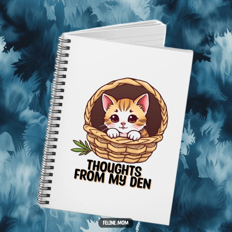 Funny cat notebook cover, a curious feline peeking out from a cozy basket, perfect for writing.
