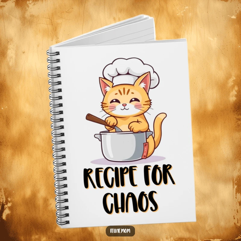 Funny Notebook featuring a ginger cat chef in a hat, stirring a pot, inspiring creative culinary thoughts.