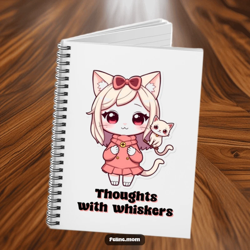 Funny Kawaii Cat Lady Notebook featuring a sweet character with a cat perched on her shoulder, perfect for journaling.
