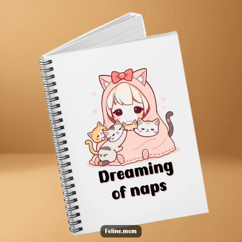 Funny Kawaii Cat Lady Notebook featuring a sweet character sharing a warm blanket with cats, perfect for reflective writing.