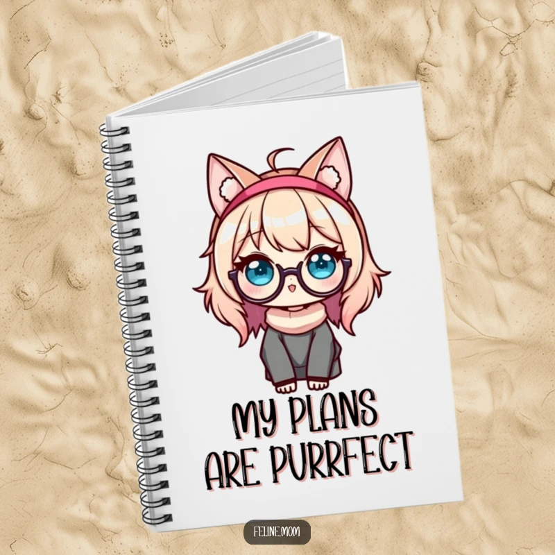 Funny Kawaii Cat Lady Notebook featuring a sweet character with cat ears and glasses, perfect for journaling and note-taking.