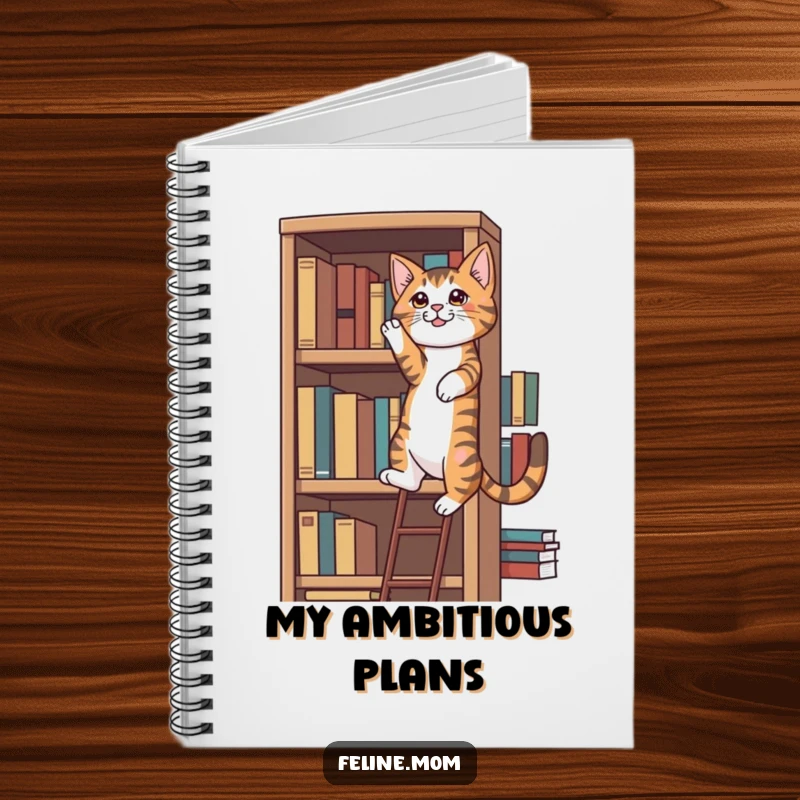 Funny determined tabby cat climbing a tall bookshelf, ideal for journaling and a funny gift.